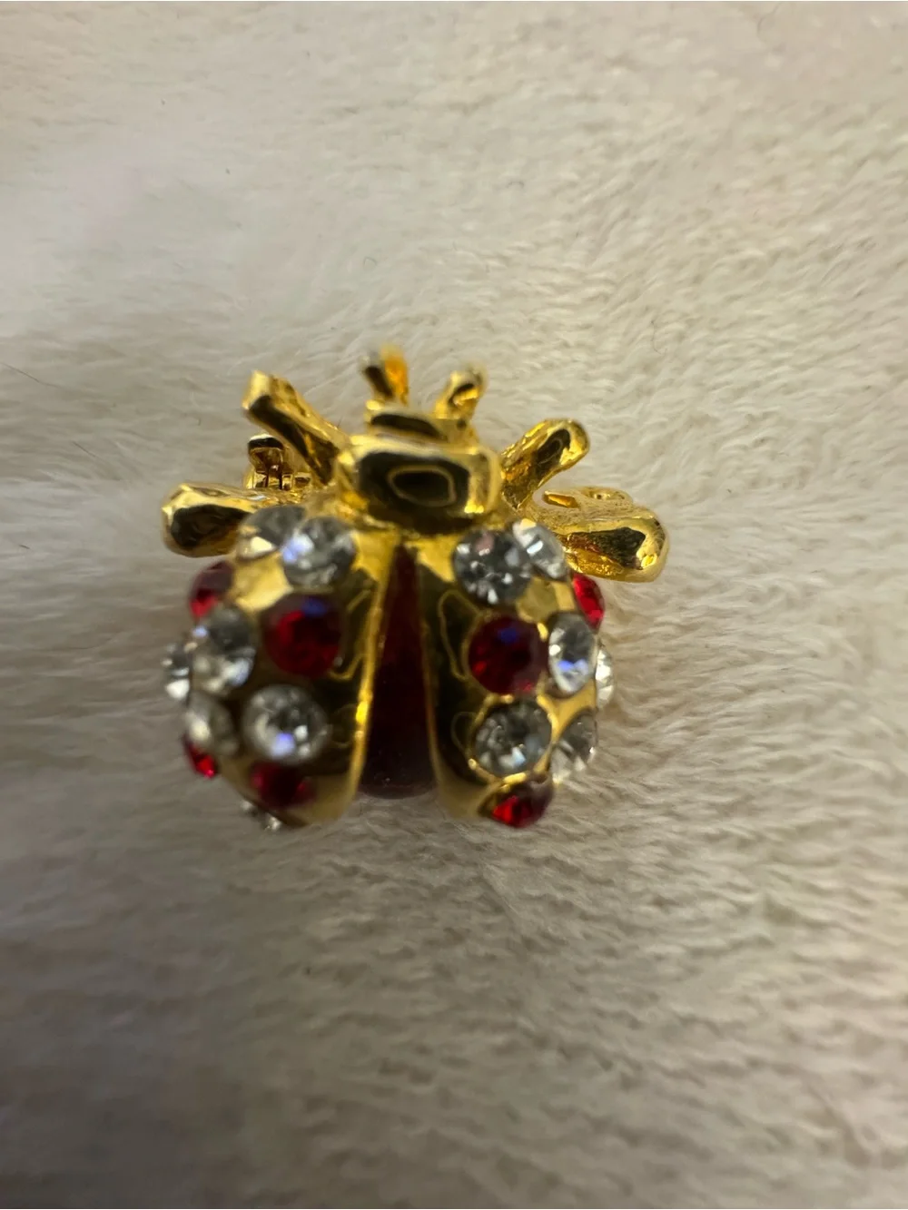 Gold-Tone Ladybug Brooch with Red and Clear Rhinestones